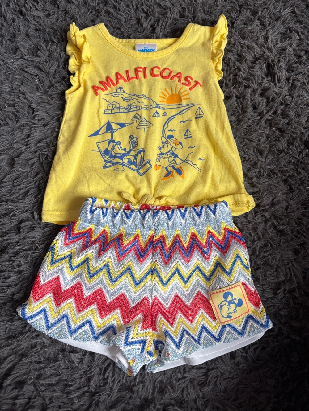 Disney Yellow Amalfi Coast Graphic Top with Multicolor Chevron Knit Shorts